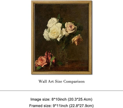 Pyradecor Vintage Retro Framed Wall Art Bathroom Decor Wall Art Roses Paintings Pictures Canvas Prints Mid Century Wall Decor for Living Room Kitchen Decorations