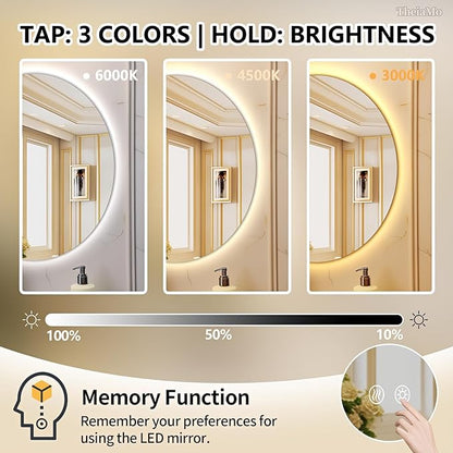 Round LED Mirror for Bathroom, 28" Circle Frameless Backlit Mirror with Lights, Wall Mounted Vanity Mirror, 3 Colors, Dimmable, Anti-Fog, IP65 Waterproof, Memory Function, UL Listed