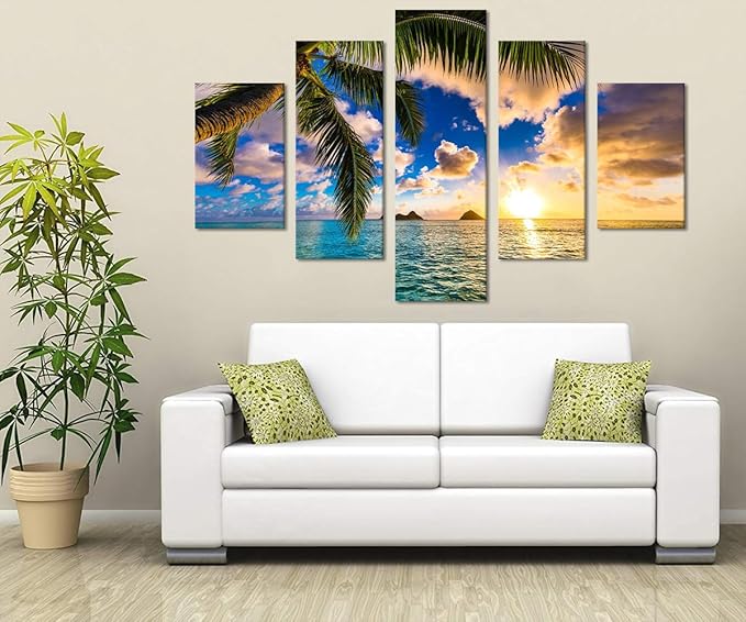 Large Ocean Canvas Wall Art Beach Sunrise Landscape Poster Modern Seascape Pictures HD Print on Canvas Framed Ocean Artwork for Living Room Kitchen Bedroom Wall Decorations Stretched Ready to Hang - 60''W x 40''H