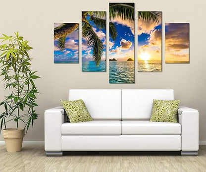 Large Ocean Canvas Wall Art Beach Sunrise Landscape Poster Modern Seascape Pictures HD Print on Canvas Framed Ocean Artwork for Living Room Kitchen Bedroom Wall Decorations Stretched Ready to Hang - 60''W x 40''H