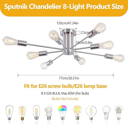 Modern Sputnik Chandelier, 8-Light Ceiling Light Fixture, Bedroom Light Fixture, Sputnik Lights Fixture for Living Room, Dining Room, Kitchen, Office, Hallway, Foyer (Brushed Nickel Silver) - E26 Base