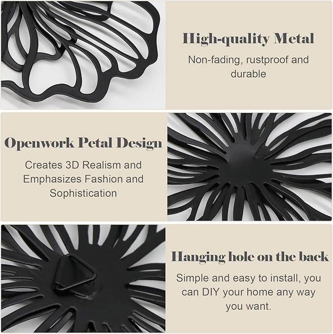 7 Piece Metal Wall Decor for Living Room, Boho Double Layered Iron Flower Wall Hanging Art, Aesthetic Indoor Metal Wall Sculpture Decor for Bedroom Kitchen Bathroom Farmhouse Home Office, Black-White