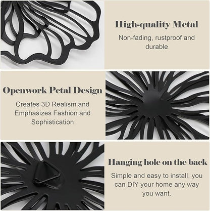7 Piece Metal Wall Decor for Living Room, Boho Double Layered Iron Flower Wall Hanging Art, Aesthetic Indoor Metal Wall Sculpture Decor for Bedroom Kitchen Bathroom Farmhouse Home Office, Black-White