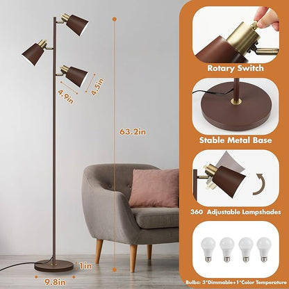 LALISU Tree Floor Lamp for Living Room, Industrial 3-Light Standing Lamp with 3 LED Bulbs, Adjustable Rotation Heads, Standing Tall Pole Lamp Farmhouse Rustic Reading Lamps for Bedroom Office (Brown)