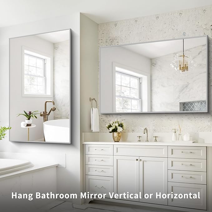 COFENY 36x55inch Bathroom Mirror, Silver Rectangle Mirror with Thin Metal Frame, Large Rectangular Wall Mirrors for Bathroom, Living Room, Hair Salon, Big Mirror Hang Horizontal/Vertical