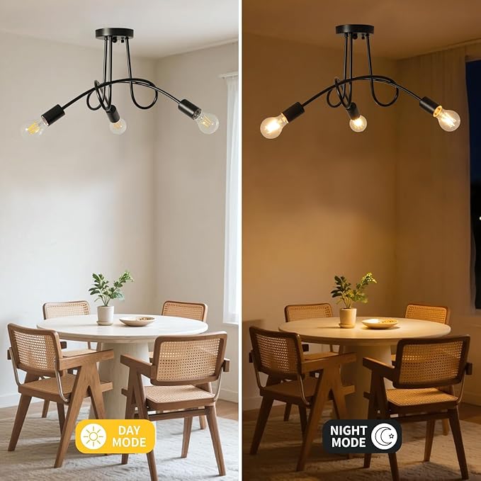Modern Farmhouse Chandelier,22 Inch 3 Light Sputnik Semi Flush Mount Ceiling Light, Metal Black Rustic Light Fixture for Dining Room Bedroom Kitchen Hallway Entryway