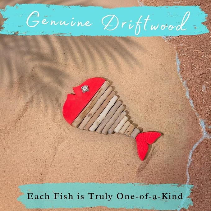 Driftwood Fish Nautical Wall Decor - Handmade Wooden Rustic Coastal Wall Art for Living Room, Bedroom, Office, Bathroom - Ocean Beach Decoration (Ruby)