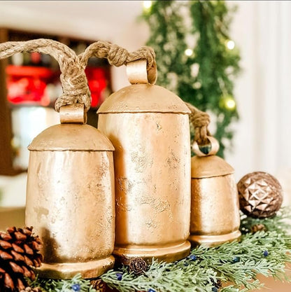 Large Vintage Gold Cow Bells for Rustic Christmas Decor Hanging Bells on Rope Set of 3 Harmony Cow Bells Vintage Handmade Rustic Lucky (Set of 3, 4,6,8 inches)