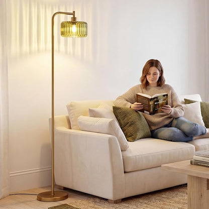 Floor Lamp for Living Room,Gold Floor Lamp with Green Glass Shade,Modern Standing Lamps with 3000K Warm Light Bulb,Vintage Tall Light for Bedroom Office Reading Room Corner.