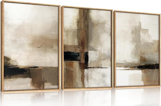 HOURIA Abstract Neutral Vintage Earth Tone Framed Canvas Wall Art Set,Modern Minimalist Rustic Brown Beige Wall Decor,Wabi Sabi Textured Brushstroke Artwork for Living Room,Bedroom,Farmhouse-24"x36"x3