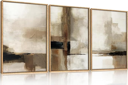 HOURIA Abstract Neutral Vintage Earth Tone Framed Canvas Wall Art Set,Modern Minimalist Rustic Brown Beige Wall Decor,Wabi Sabi Textured Brushstroke Artwork for Living Room,Bedroom,Farmhouse-24"x36"x3