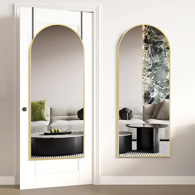 DMWOODFL Arched Over The Door Mirror 50x16 Full Length Hanging Mirror with Adjustable Height, Space-Saving, Shatterproof Tempered Glass & Aluminum Alloy Frame for Bedroom, Dorm, Entryway, Gold