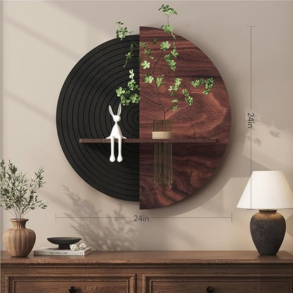 3D Textured Round Abstract Wall Art Decor With Shelf, Modern Minimalist Geometric Black Brown Artwork for Walls, Circle Sandstone Texture Wall Decor for Living Room, Hallway, Kitchen, Bedroom, Office