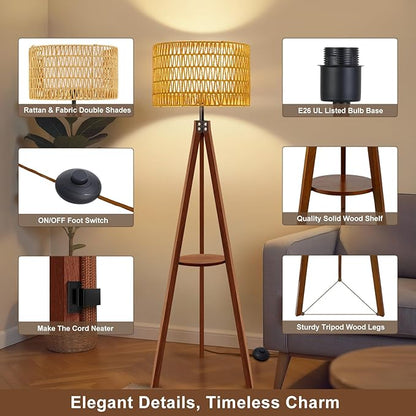 Vinaco Boho Tripod Floor Lamp with Shelf, Double Lampshades Mid-Century Standing Lamps, 3 Color Temperatures Wicker Floor Lamp, Foot Switch Rattan Tall Lamps for Bedroom, Living Room, Office