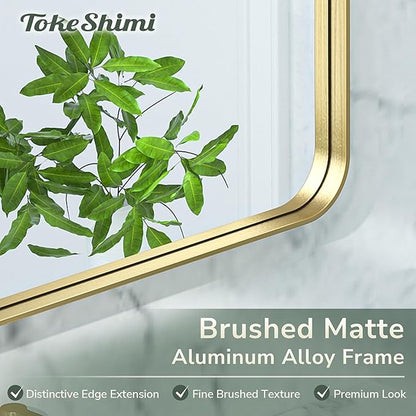 TokeShimi Gold Bathroom Mirror - 24 x 36 Inch Metal Rounded Corner Rectangle Mirror - Hangs Horizontal Or Vertical - Rustic Finish