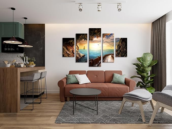 Beautiful Landscape Sunset Seagulls Stone Scene Picture Seascape Modern Pictures Painting on Canvas 5 Panel Combination Enlarge for Wall Art Living Room Home Decor Framed Stretched (60''W x 40''H)