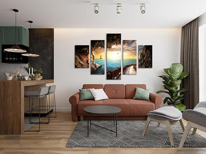 Beautiful Landscape Sunset Seagulls Stone Scene Picture Seascape Modern Pictures Painting on Canvas 5 Panel Combination Enlarge for Wall Art Living Room Home Decor Framed Stretched (60''W x 40''H)