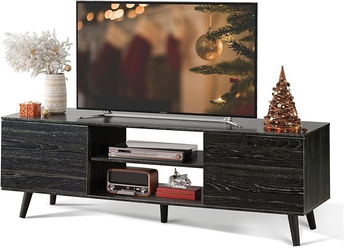 WLIVE Mid-Century Modern TV Stand for 55/60 Inch TV, Entertainment Center with Storage & Adjustable Shelves, Media Console with Soft-Close Cabinets for Living Room/Bedroom, Dark Black