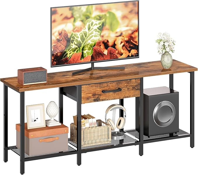 HOOBRO TV Stand for TVs up to 55 Inch, Entertainment Center with Fabric Drawer & Open Shelves, Industrial TV Media Console Table with Storage, for Living Room, Bedroom, Rustic Brown BF125DS01