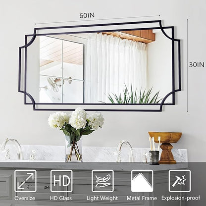 Large Black Mirror for Living Room, 60'' x 30'' Decorative Wall Mirror with Metal Frame, Elegant Scalloped Mirror for Hallway Dining Room Bathroom Fireplace