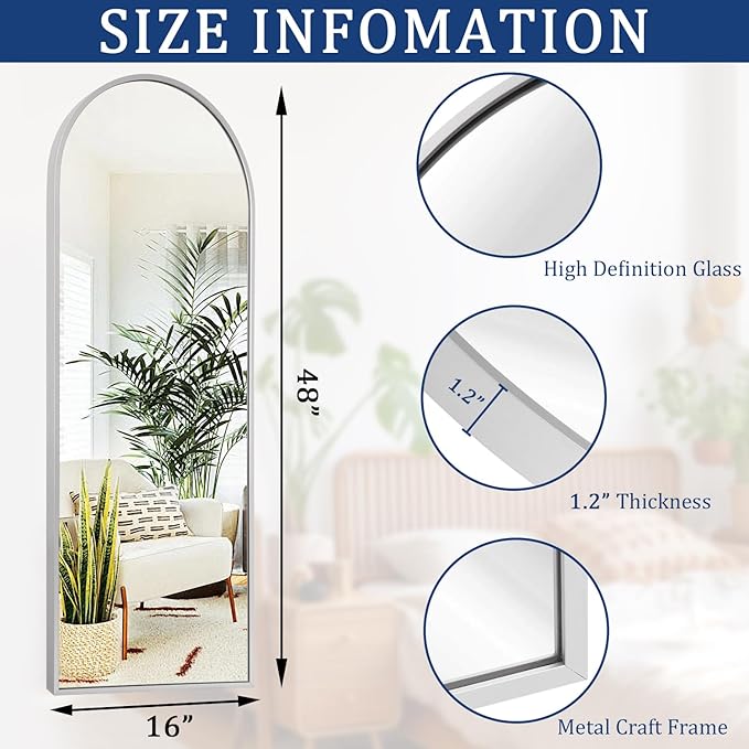 48x16 inches Arch Bathroom Full Length Mirror, Silver Large Arched Wall Mirror, Metal Aluminum Frame Modern Simple Home Decor, Leaning Against Wall Mirror for Living Room Bedroom Cloakroom