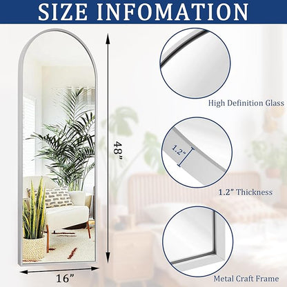 48x16 inches Arch Bathroom Full Length Mirror, Silver Large Arched Wall Mirror, Metal Aluminum Frame Modern Simple Home Decor, Leaning Against Wall Mirror for Living Room Bedroom Cloakroom