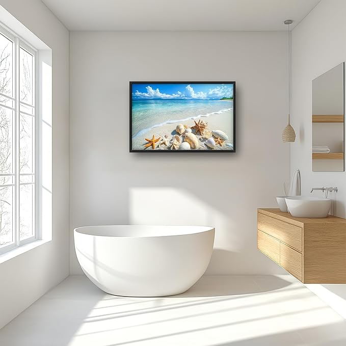 Ocean Large Wall Art for Living Room Beach Seashell Starfish Framed Canvas Decor Coastal Landscape Prints Painting Pictures Extra Large Seascape Artwork for Bedroom Home Decor Bathroom Kitchen 24"x36"