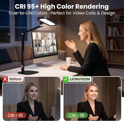 LIONVISON LED Desk Lamp for Home Office: Eye-Caring Clamp & Stand Double Side Desk Light with Remote & Memory - Stepless Dimming & Color Adjustable Table Lamps for Zoom Study Video Conference
