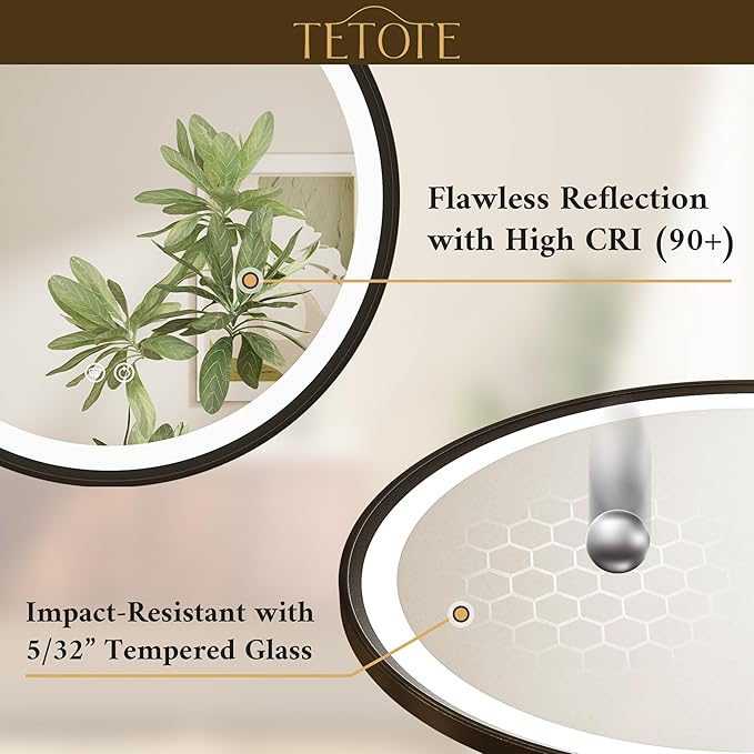 TETOTE Round Led Lighted Bathroom Mirror Matte Black Frame 24 Inch Front and Backlit Circle Round Light up Vanity Mirror with Lights, 3 Color Illuminated Dimmable Anti Fog Wall Mount, IP54 CRI 90+