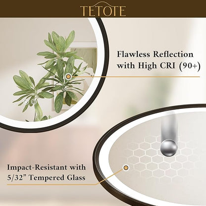 TETOTE Round Led Lighted Bathroom Mirror Matte Black Frame 24 Inch Front and Backlit Circle Round Light up Vanity Mirror with Lights, 3 Color Illuminated Dimmable Anti Fog Wall Mount, IP54 CRI 90+