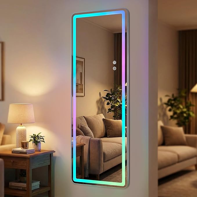 RGB LED Full Length Mirror, 63"x20" Floor Full Body Standing Mirror with 7-Color Changing RGB Lights with Remote & Touch Control, Dimmable Lighted for Gaming Room, Living Room