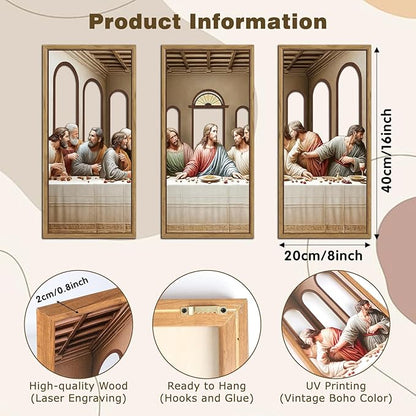KAIRNE 3Pcs Jesus Last Supper Wall Art,Christian Wooden Wall Decor,Religious Faith Wood Hanging Decor,Bible Verse Artwork,Scripture Jesus Art for Living Room Dining Room Bedroom Decoration,Framed