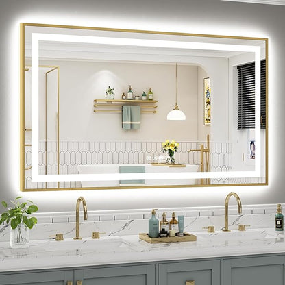60x36 Inch LED Bathroom Mirror with Gold Frame, Backlit & Front Lit, Anti-Fog Lighted Bathroom Vanity Mirror for Wall, Memory Function, Dimmable, HD Tempered Glass, Shatter-Proof