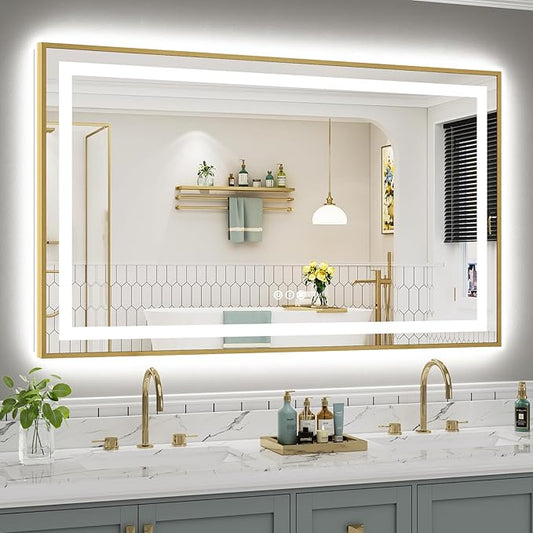 60x36 Inch LED Bathroom Mirror with Gold Frame, Backlit & Front Lit, Anti-Fog Lighted Bathroom Vanity Mirror for Wall, Memory Function, Dimmable, HD Tempered Glass, Shatter-Proof