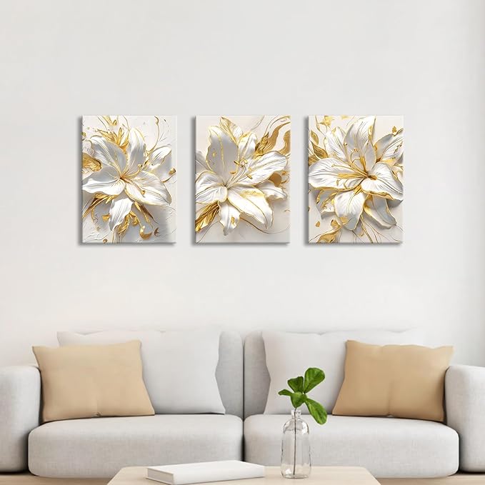 WENGTIAO 3Pcs Elegant White Lily Flowers Canvas Wall Art Boho White Floral Gold Edges Prints Pictures Paintings Beige Blossom Artwork for Living Room Bedroom Office Bathroom 12”x16 x3