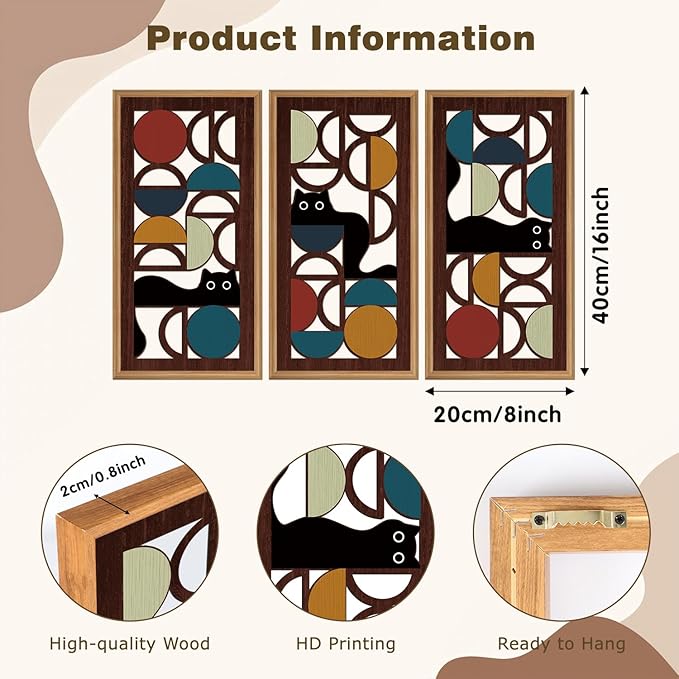 IARTTOP Mid Century Modern Cat Wall Art Framed Set of 3 Boho Abstract Geometric Wood Decor Black Cat Hanging Art for Living Room Bedroom Office Cat Lover Gifts 8x16 Inch