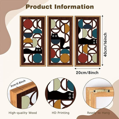 IARTTOP Mid Century Modern Cat Wall Art Framed Set of 3 Boho Abstract Geometric Wood Decor Black Cat Hanging Art for Living Room Bedroom Office Cat Lover Gifts 8x16 Inch