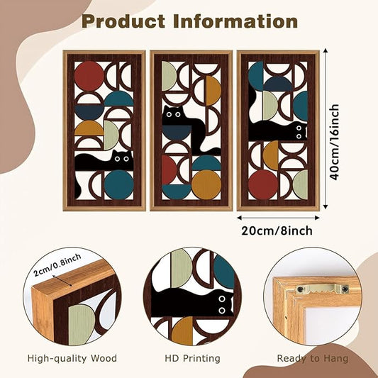 IARTTOP Mid Century Modern Cat Wall Art Framed Set of 3 Boho Abstract Geometric Wood Decor Black Cat Hanging Art for Living Room Bedroom Office Cat Lover Gifts 8x16 Inch