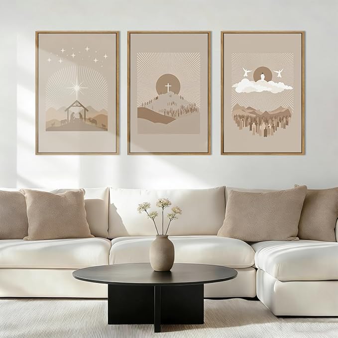 IARTTOP Extra Large Jesus Framed Wall Art 24x36 Inch Set of 3 Easter Brown Nativity Christian Canvas Wall Decor Grey Bible Verse Artwork for Church Living room Bedroom