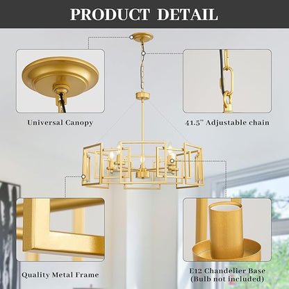 Gold Modern Industrial Geometric Chandelier: 5-Light Adjustable Farmhouse Dining Room light Fixture - Hanging Pendant Ceiling Chandelier Lighting over Table Kitchen Island for Living Bedroom Entryway
