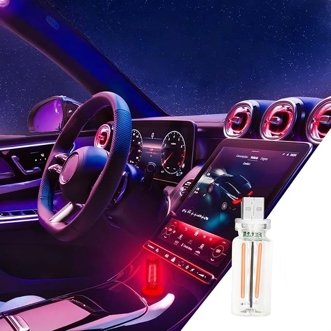 Plug-in Car USB Lights with Touch Control - Retro Style Glass Bottle LED Atmosphere Lamp - Dimmable Night Light for Vehicle, Bedside, Camping (Red)