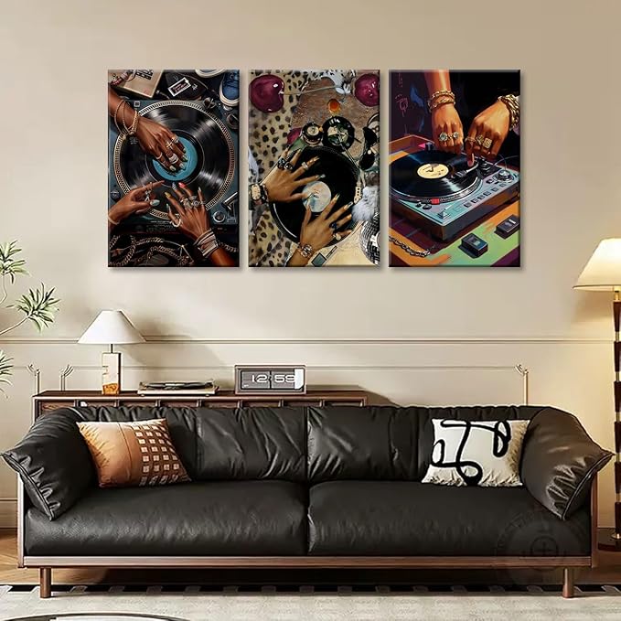 3Pcs Framed Hip-Hop Dj Wall Art Disc Players Canvas Printed Records Bedroom Prints Living Room Galleries Music Studio Posters Vintage Urban Art Aesthetic Decoration