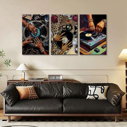 3Pcs Framed Hip-Hop Dj Wall Art Disc Players Canvas Printed Records Bedroom Prints Living Room Galleries Music Studio Posters Vintage Urban Art Aesthetic Decoration