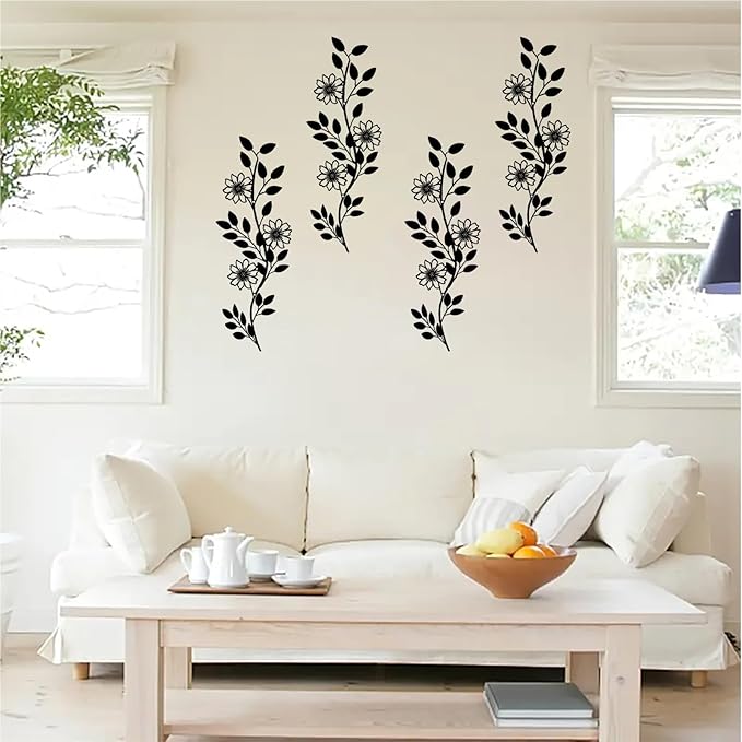 DUOOLN 2 Pcs Metal Tree Leaf Wall Decor, Long Iron Scroll Vine Wall Art Above, Rustic Hanging Sign, Line Flowers Sculpture For Above Door Living Room Office Indoor And Outdoor Decoration - Black