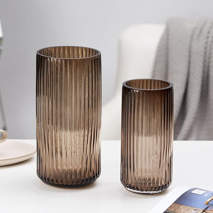 TIMEFOTO Flower Vase 10 inch Amber Thickened Hand Blow Glass Vase Round Vintage Striped Bottles for Bookshelf,Dinner Table,Indoor Office Desktop,Meeting Room,Bathroom,Home