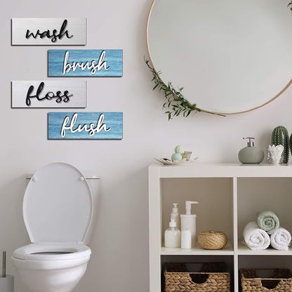 Jetec 4 Pieces Farmhouse Bathroom Wall Decor Wash Signs Rustic Hanging Wooden Signs Primitive Wall Arts Vintage Country Wooden Decorations for Home Room Bathroom(Blue, White)