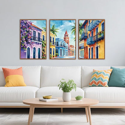 KAlRNE Vintage Cityscape Framed Canvas Wall Art Set of 3(24”X36”),Watercolor Street Scenery Wall Decor,Colorful Tropical Building Painting,Texture Botanical Art Prints For Living Room Bedroom Office