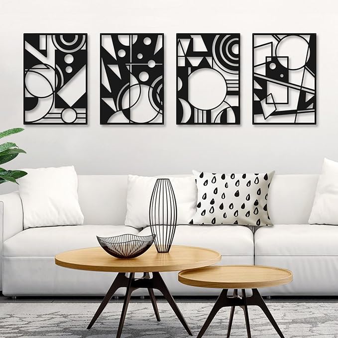 Bakovity Black Abstract Wall Art, Metal Art Wall Decor, Large Geometry Art, Modern 3D Abstract Wall Sculptures for Bedroom Bathroom Living Room (4 Pack, 16 x 11 in)