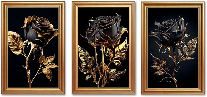 ICHZUMW Black and Gold Wall Decor, Gold Framed Glam Rose Canvas Wall Art, Set of 3 Ready to Hang Fade Resistant Floral Prints with Moody Dark Academia Aesthetic for Bedroom Living Room, 20x30 Inches