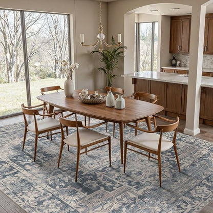 Rugxara 8x10 Area Rugs for Living Room Bedroom, Large Washable Rug, Blue Vintage Retro Boho Rug, Non Slip & Low Pile Faux Wool Thin Carpet for Indoor Dining Room and Kids Room(Blue 8x10ft)